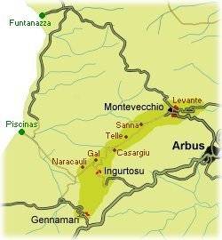 Cartina semplificata delle aree minerarie di Montevecchio ed Ingurtosu.
